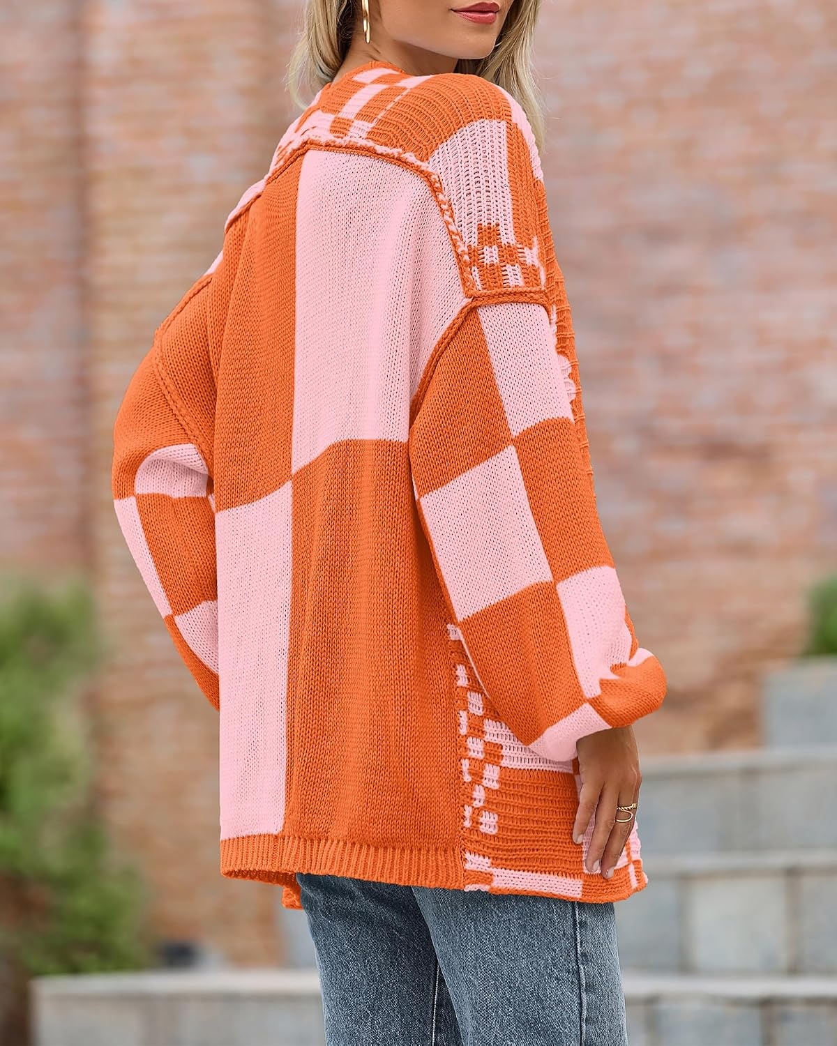 image:imageBTFBM Casual Cardigan Sweater for Women Fall 2026 Long Sleeve SweatersOrange Red Pink