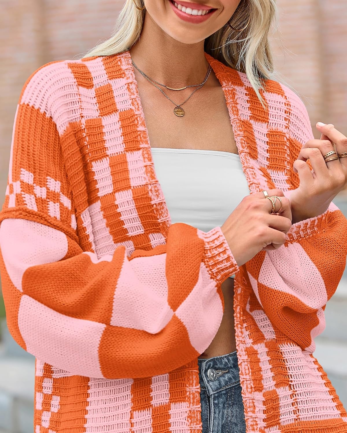 image:imageBTFBM Casual Cardigan Sweater for Women Fall 2026 Long Sleeve SweatersOrange Red Pink