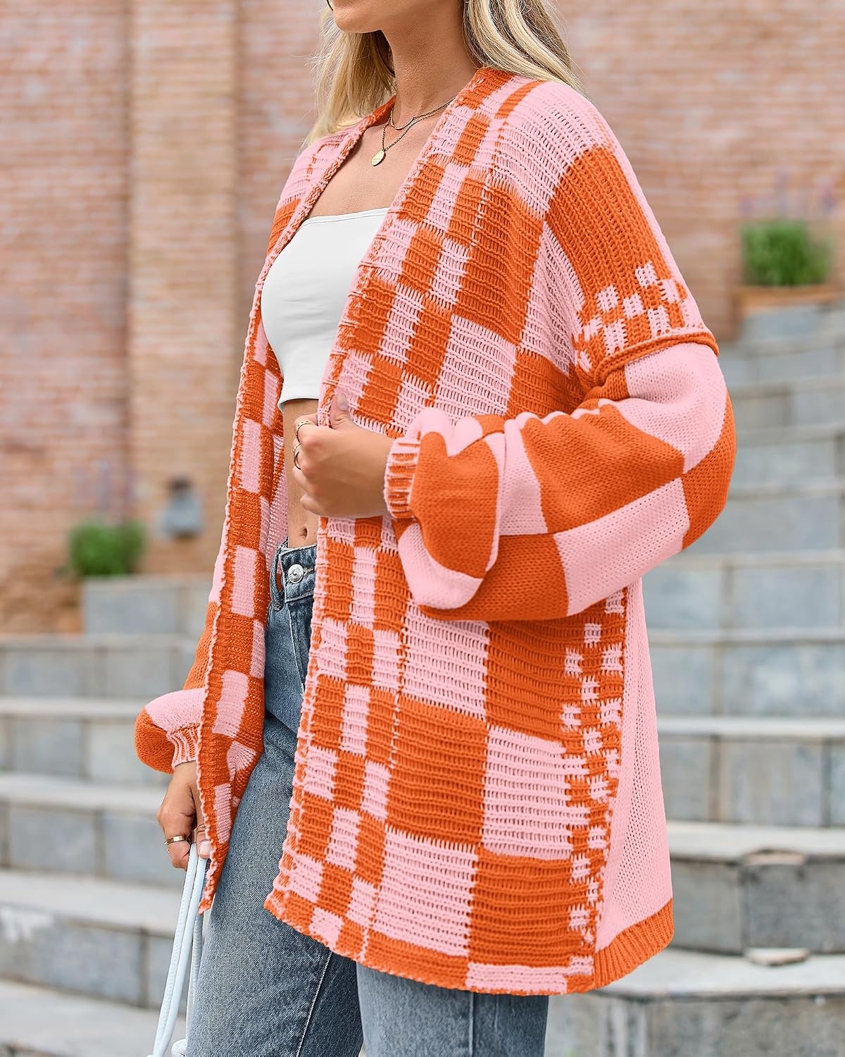 image:imageBTFBM Casual Cardigan Sweater for Women Fall 2026 Long Sleeve SweatersOrange Red Pink