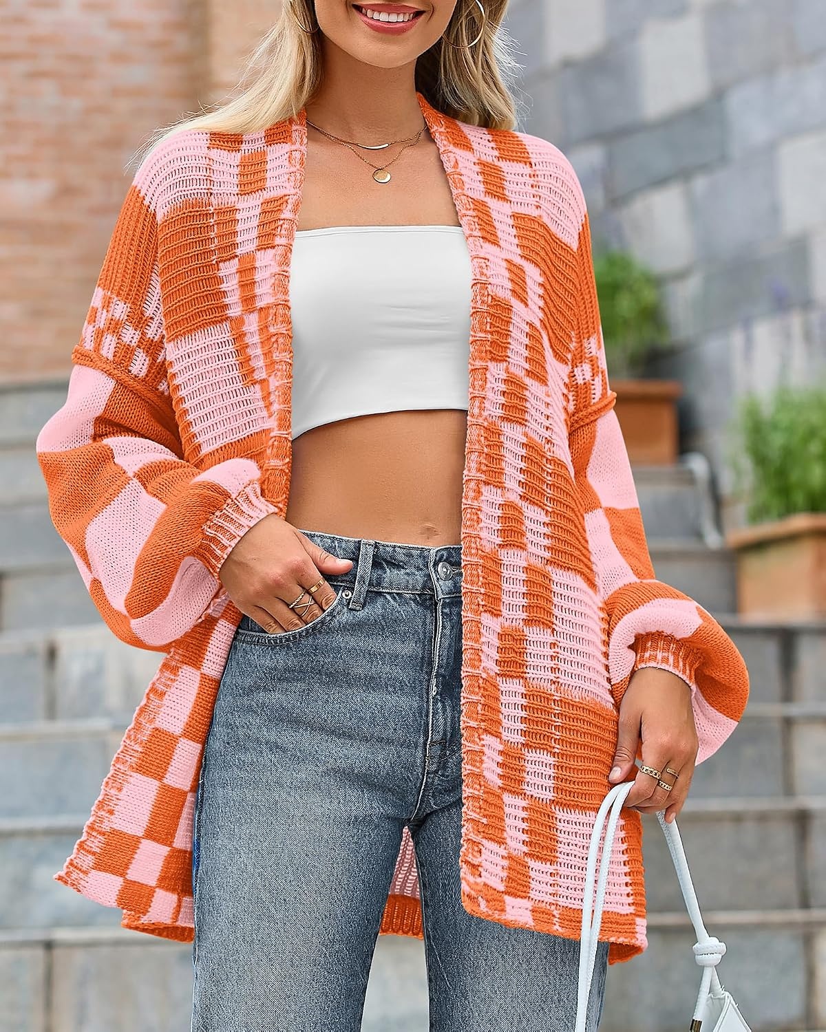 image:imageBTFBM Casual Cardigan Sweater for Women Fall 2026 Long Sleeve SweatersOrange Red Pink