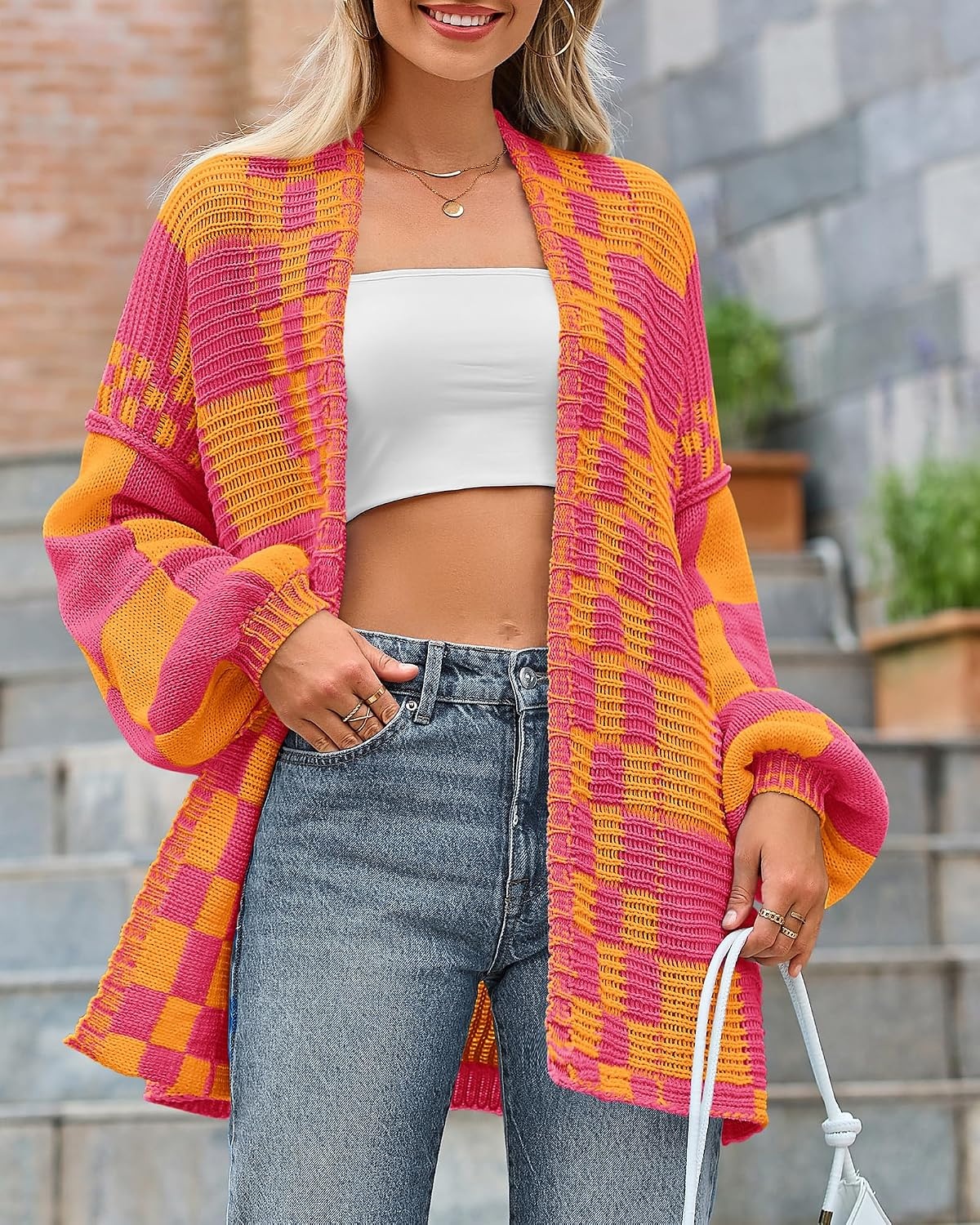 image:imageBTFBM Casual Cardigan Sweater for Women Fall 2026 Long Sleeve SweatersRose Pink Orange Yellow