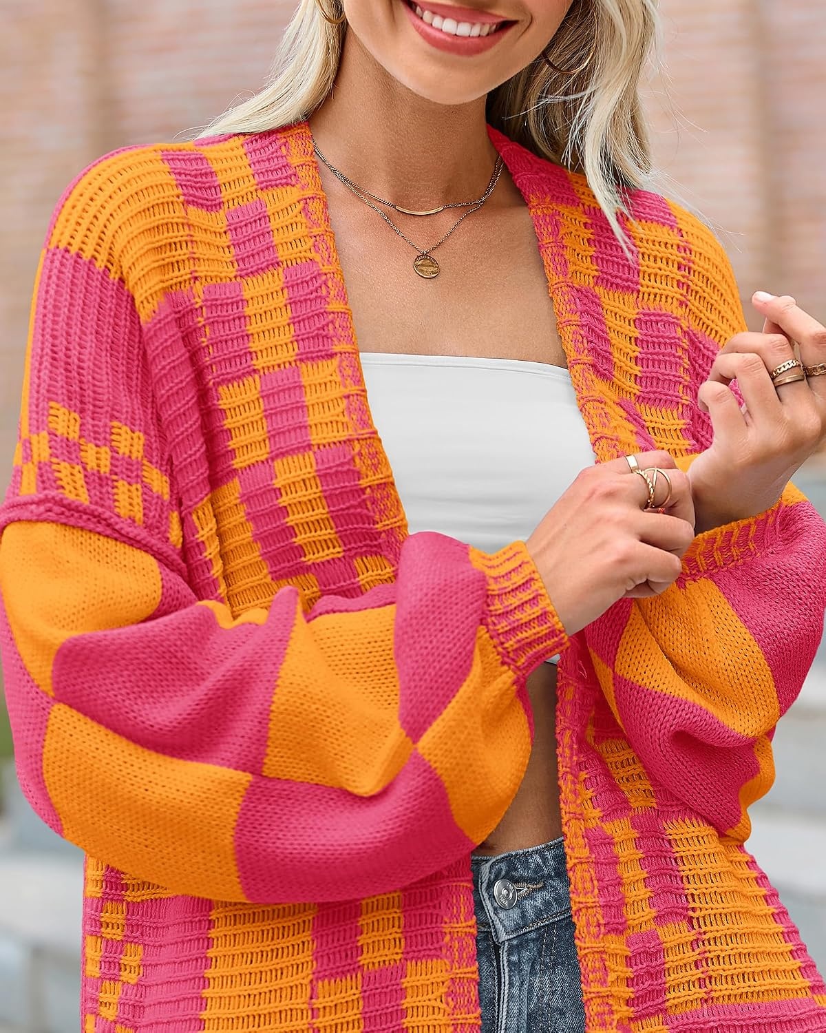 image:imageBTFBM Casual Cardigan Sweater for Women Fall 2026 Long Sleeve SweatersRose Pink Orange Yellow