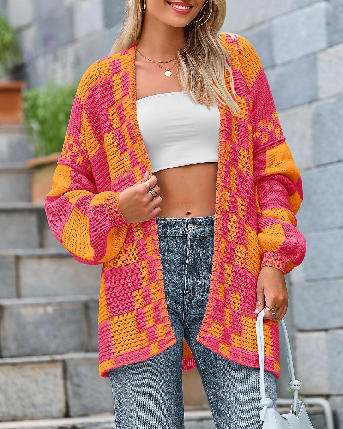 image:imageBTFBM Casual Cardigan Sweater for Women Fall 2026 Long Sleeve SweatersRose Pink Orange Yellow