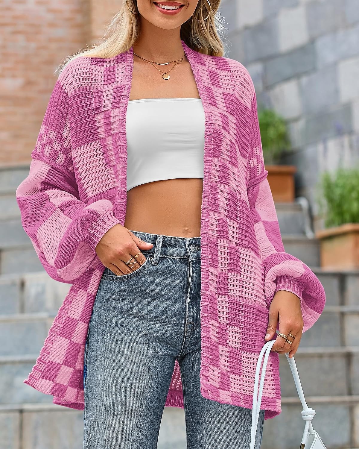 image:imageBTFBM Casual Cardigan Sweater for Women Fall 2026 Long Sleeve SweatersRose Pink Pink
