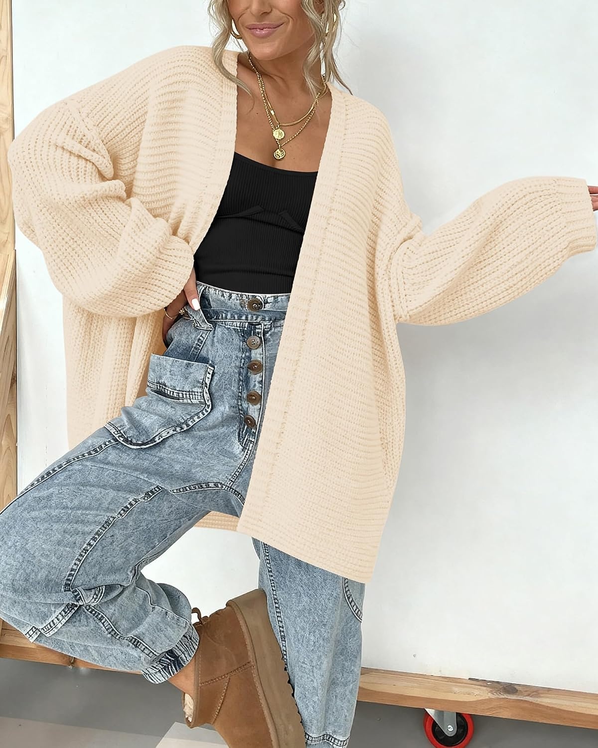 image:imageBTFBM Casual Cardigan Sweater for Women Fall 2026 Long Sleeve SweatersSolid Apricot