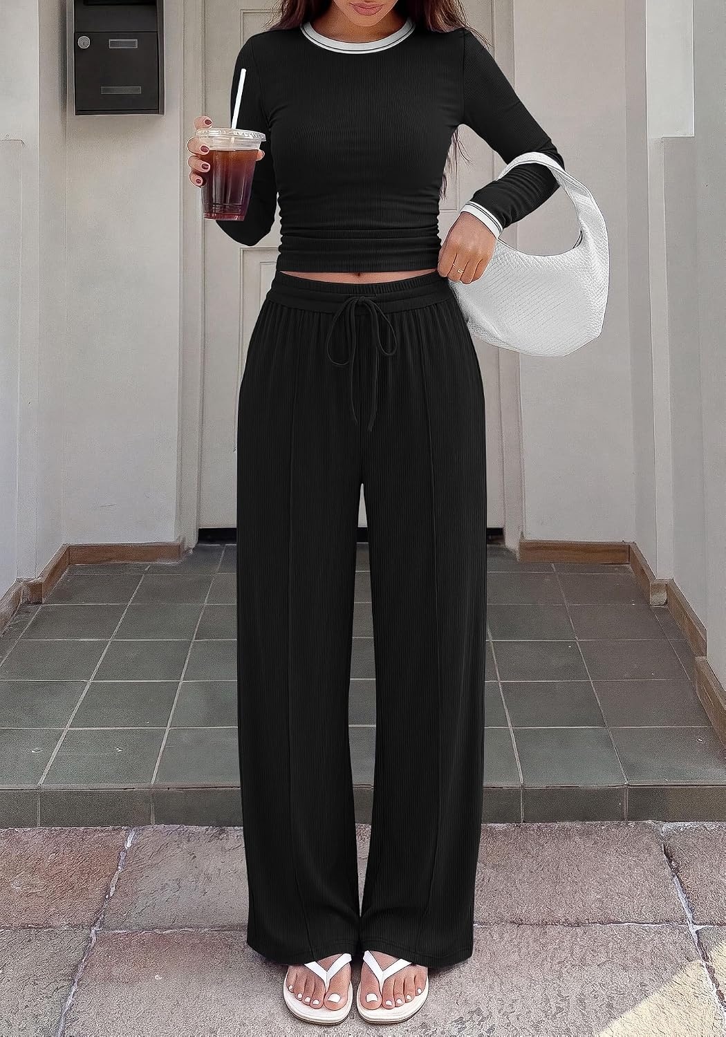 image:imageBTFBM Casual Ribbed 2 Piece Sets For Women Fall 2026Black White