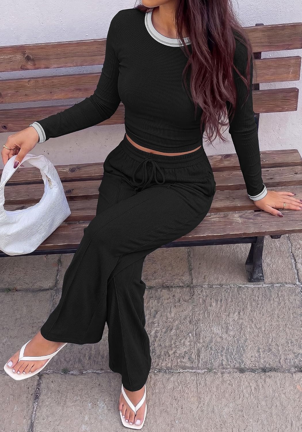 image:imageBTFBM Casual Ribbed 2 Piece Sets For Women Fall 2026Black White