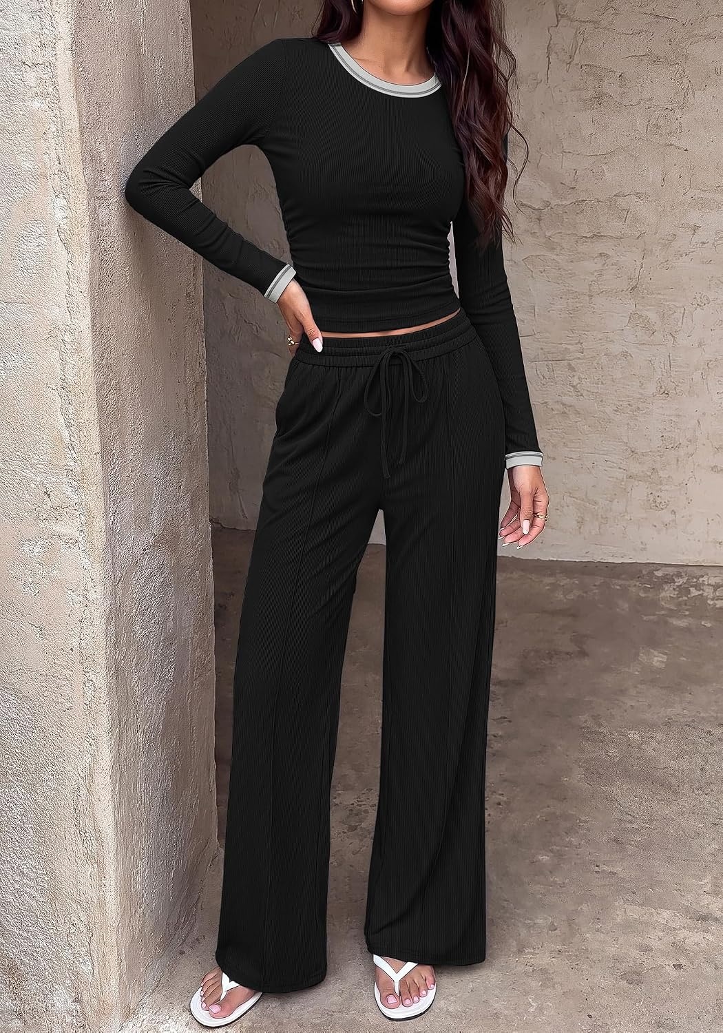 image:imageBTFBM Casual Ribbed 2 Piece Sets For Women Fall 2026Black White