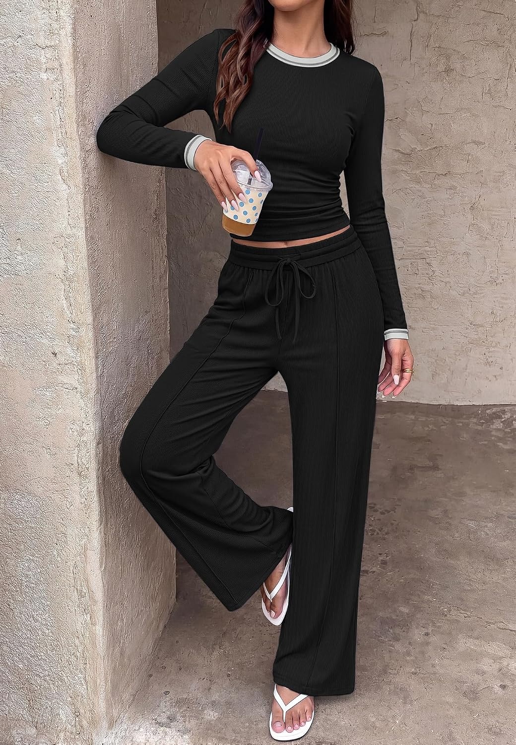 image:imageBTFBM Casual Ribbed 2 Piece Sets For Women Fall 2026Black White