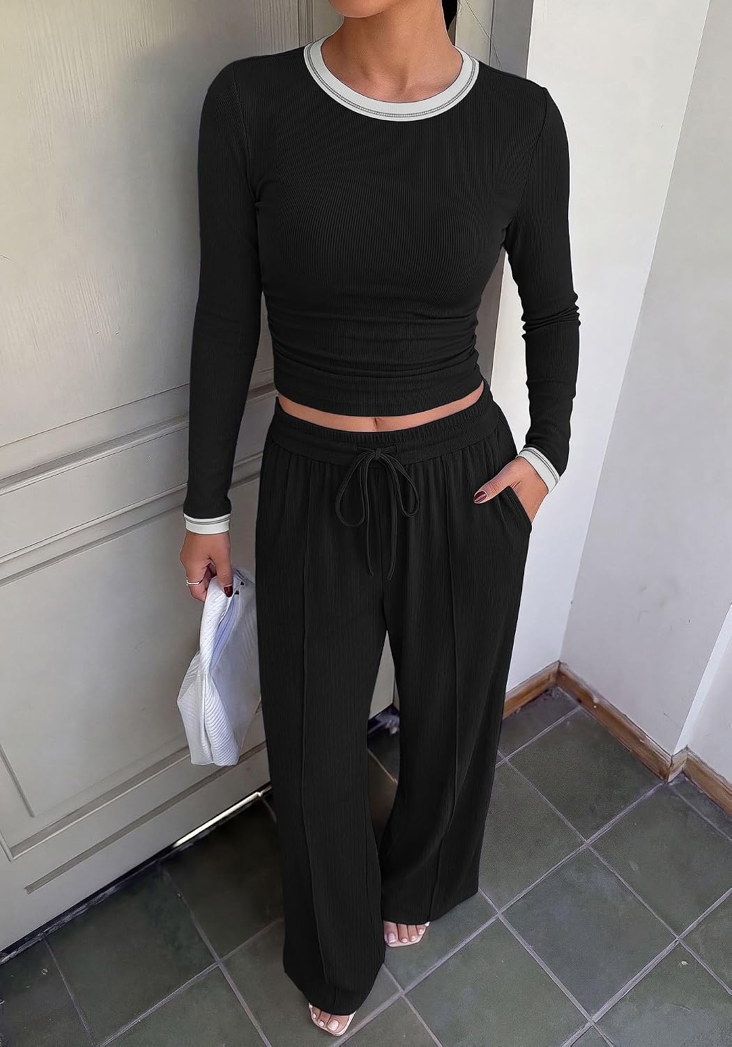 image:imageBTFBM Casual Ribbed 2 Piece Sets For Women Fall 2026Black White