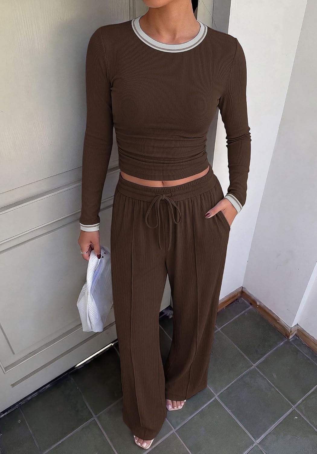 image:imageBTFBM Casual Ribbed 2 Piece Sets For Women Fall 2026Coffee White