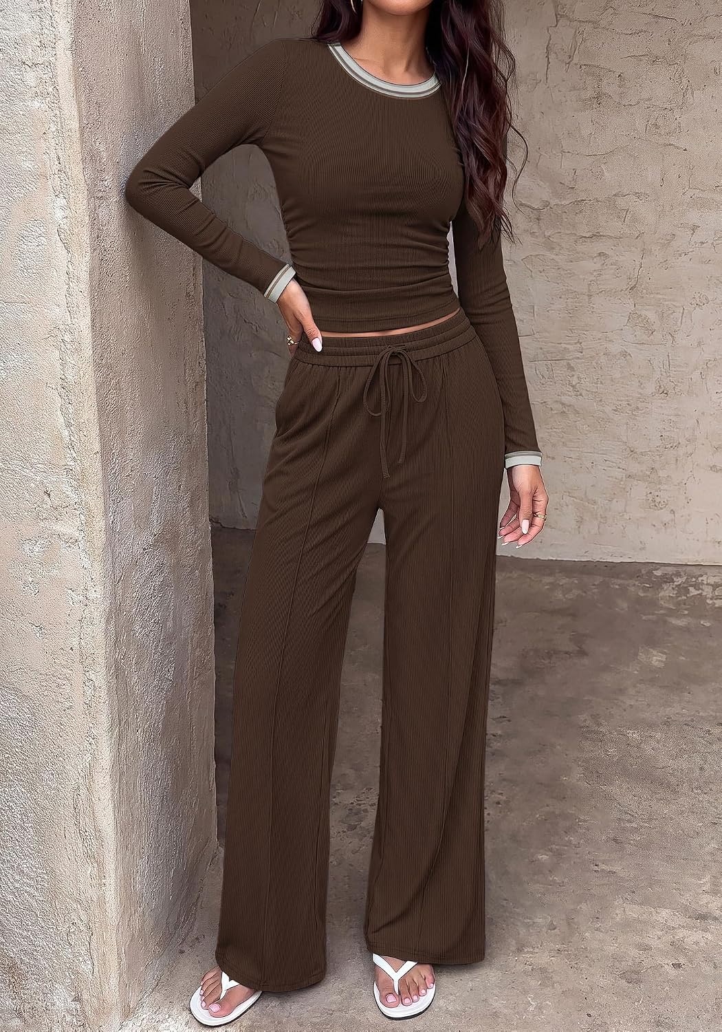 image:imageBTFBM Casual Ribbed 2 Piece Sets For Women Fall 2026Coffee White
