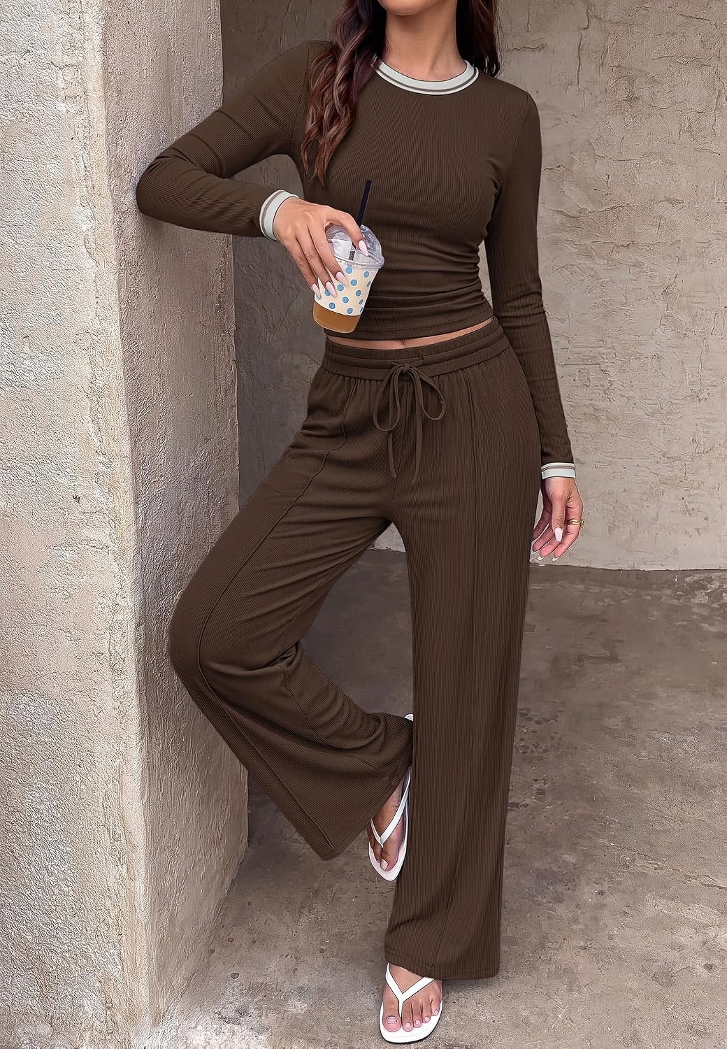 image:imageBTFBM Casual Ribbed 2 Piece Sets For Women Fall 2026Coffee White