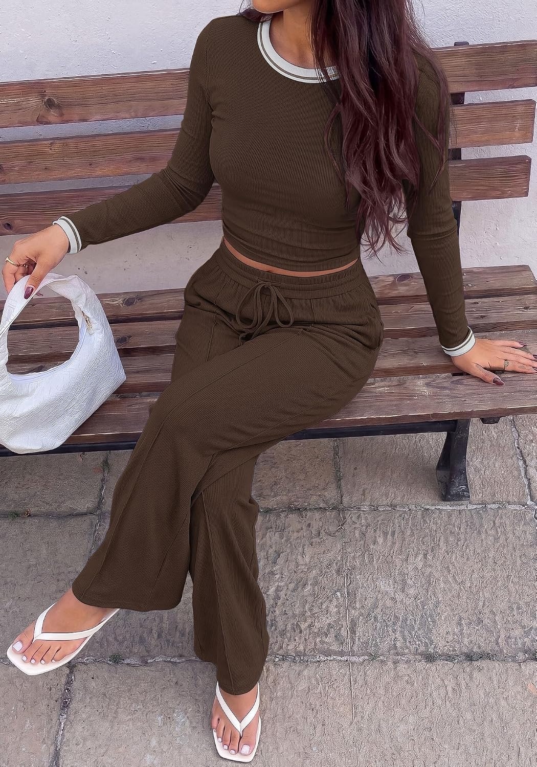 image:imageBTFBM Casual Ribbed 2 Piece Sets For Women Fall 2026Coffee White
