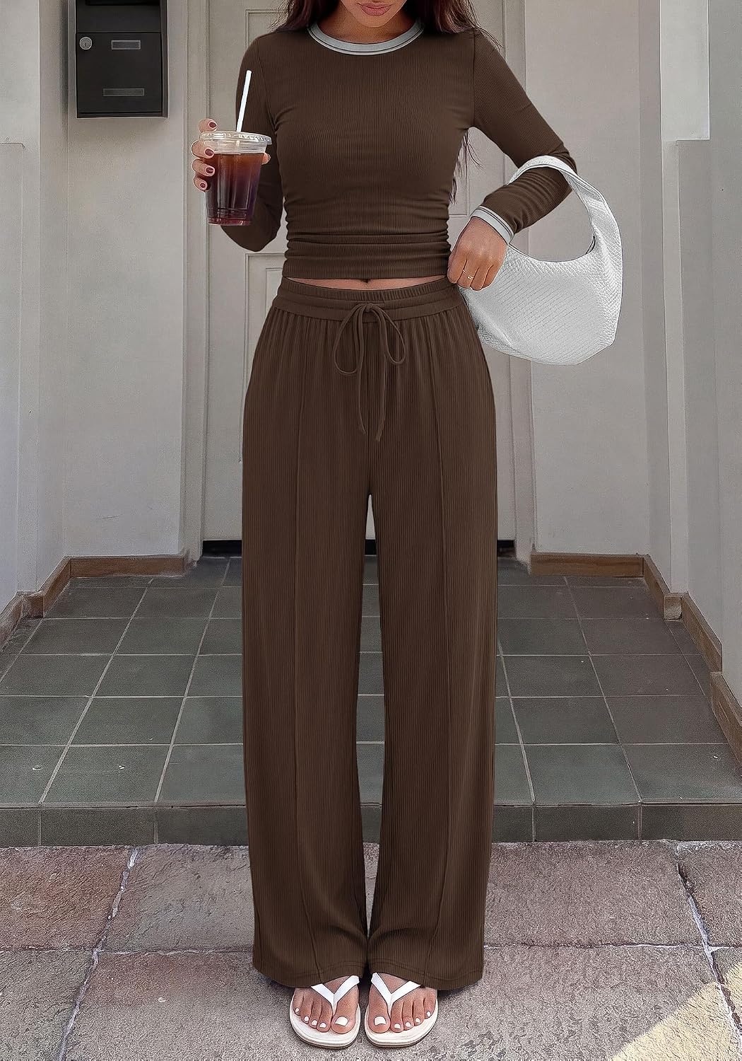 image:imageBTFBM Casual Ribbed 2 Piece Sets For Women Fall 2026Coffee White