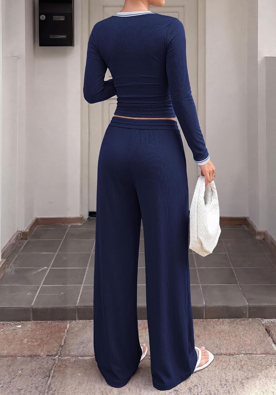 image:imageBTFBM Casual Ribbed 2 Piece Sets For Women Fall 2026Navy Blue White