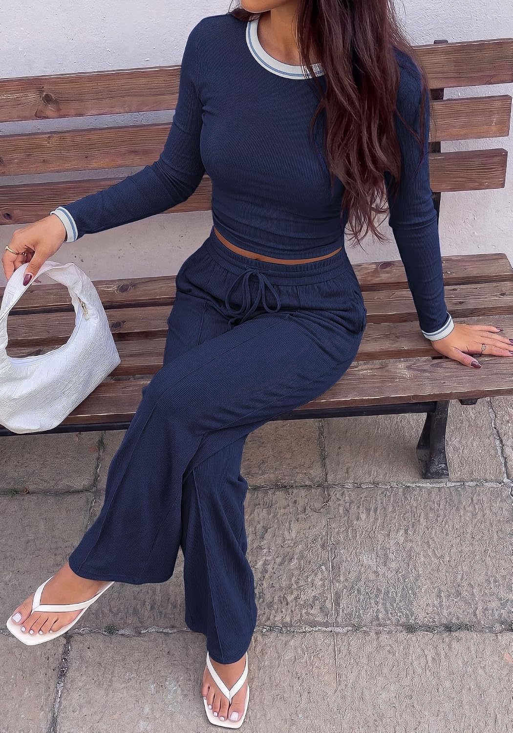 image:imageBTFBM Casual Ribbed 2 Piece Sets For Women Fall 2026Navy Blue White