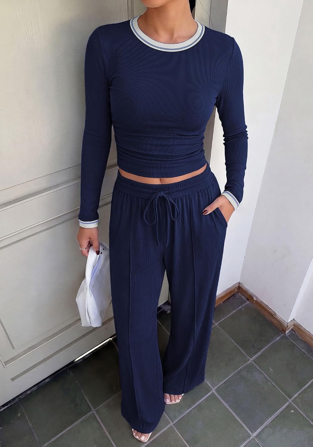 image:imageBTFBM Casual Ribbed 2 Piece Sets For Women Fall 2026Navy Blue White