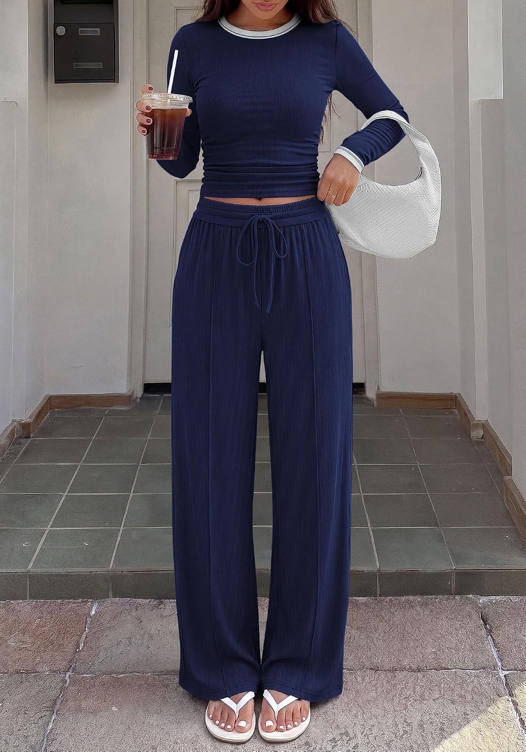 image:imageBTFBM Casual Ribbed 2 Piece Sets For Women Fall 2026Navy Blue White