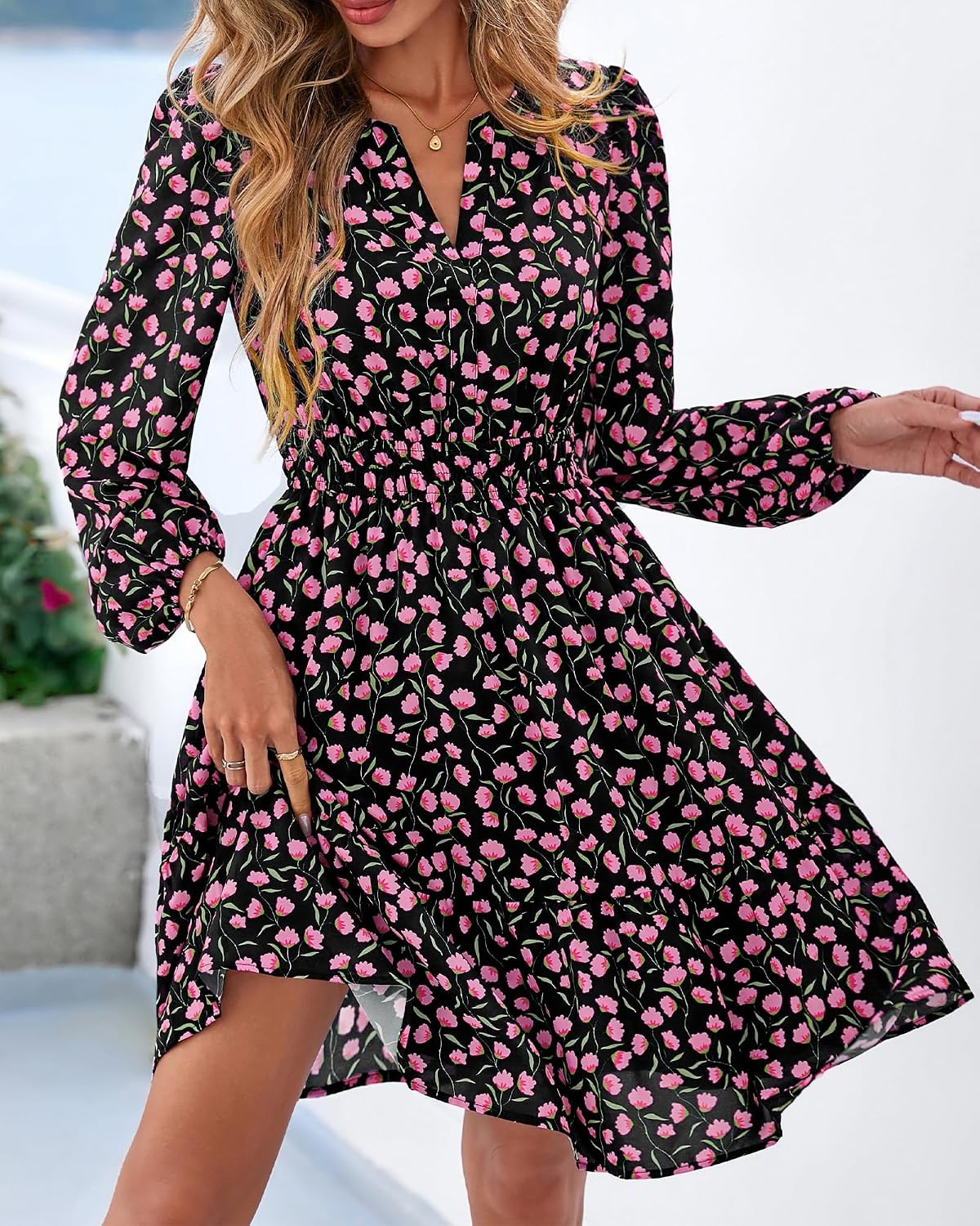 image:imageBTFBM Fall Dresses for Women 2026 Trendy Floral Long Sleeve Mini DressBlack Pink Flower