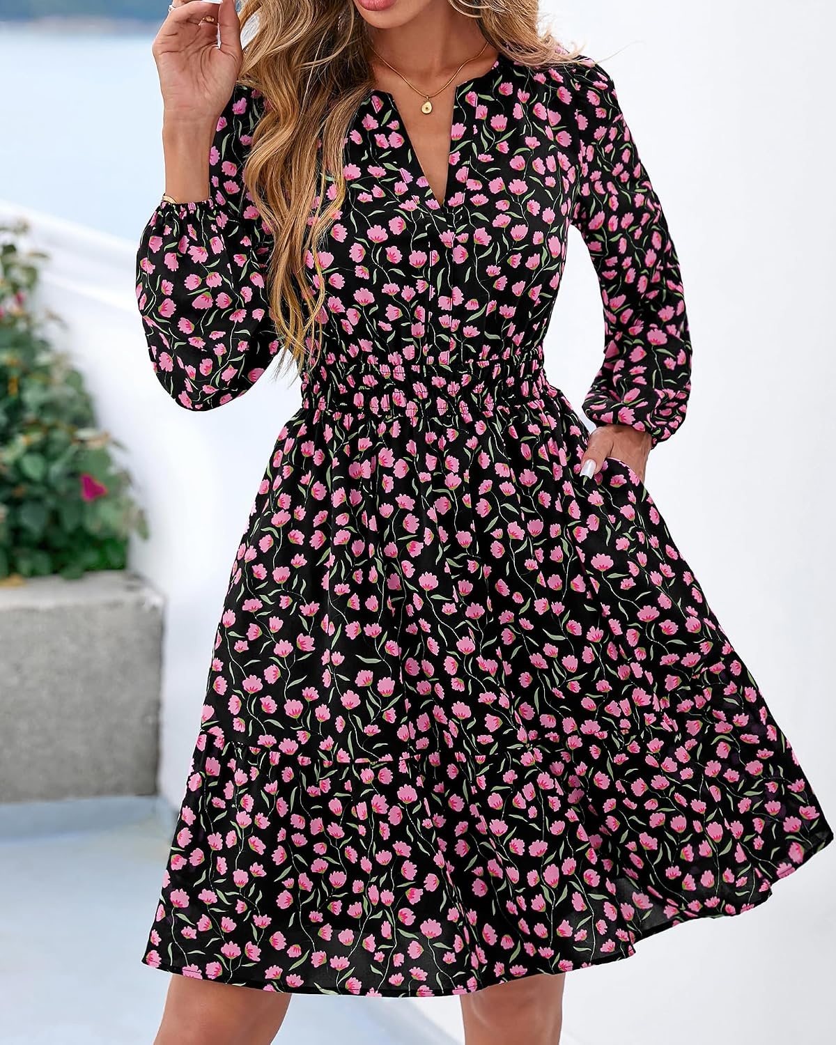 image:imageBTFBM Fall Dresses for Women 2026 Trendy Floral Long Sleeve Mini DressBlack Pink Flower