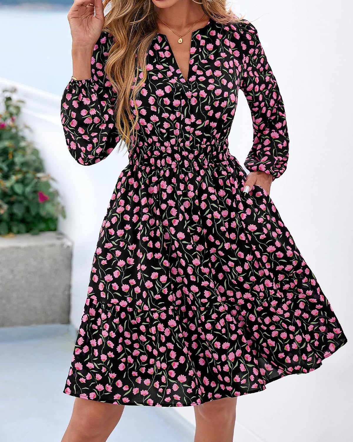 image:imageBTFBM Fall Dresses for Women 2026 Trendy Floral Long Sleeve Mini DressBlack Pink Flower