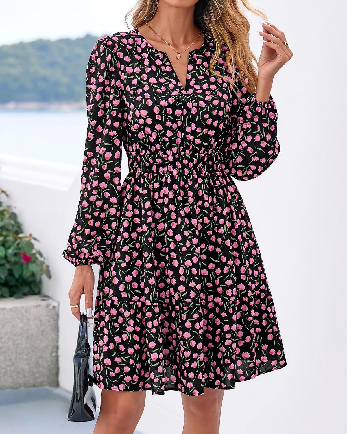 image:imageBTFBM Fall Dresses for Women 2026 Trendy Floral Long Sleeve Mini DressBlack Pink Flower