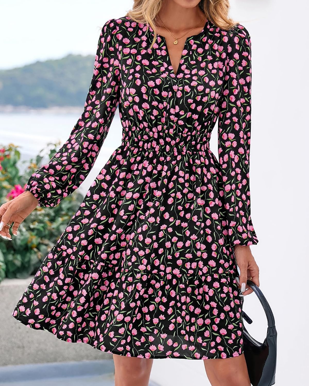 image:imageBTFBM Fall Dresses for Women 2026 Trendy Floral Long Sleeve Mini DressBlack Pink Flower