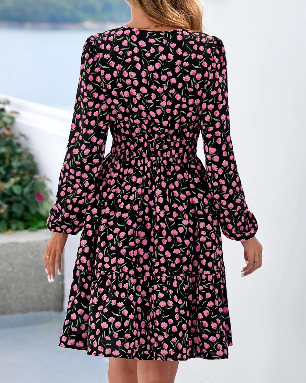 image:imageBTFBM Fall Dresses for Women 2026 Trendy Floral Long Sleeve Mini DressBlack Pink Flower