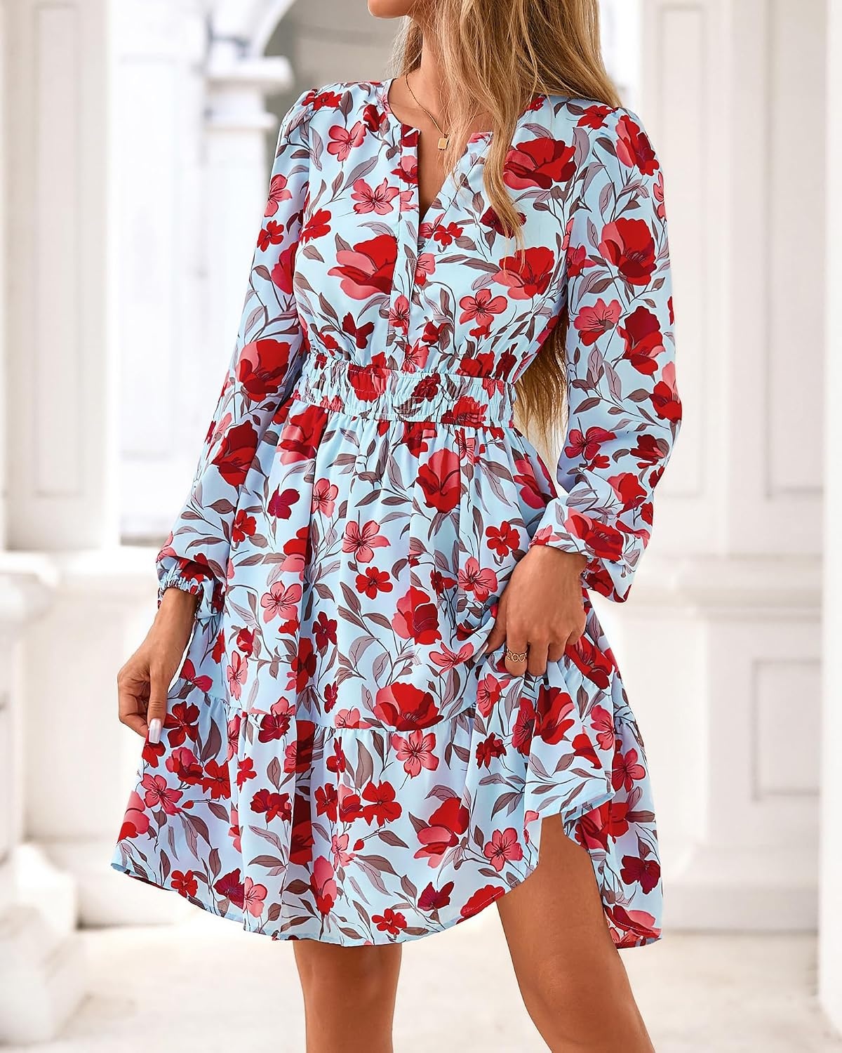 image:imageBTFBM Fall Dresses for Women 2026 Trendy Floral Long Sleeve Mini DressBlue Red Flower
