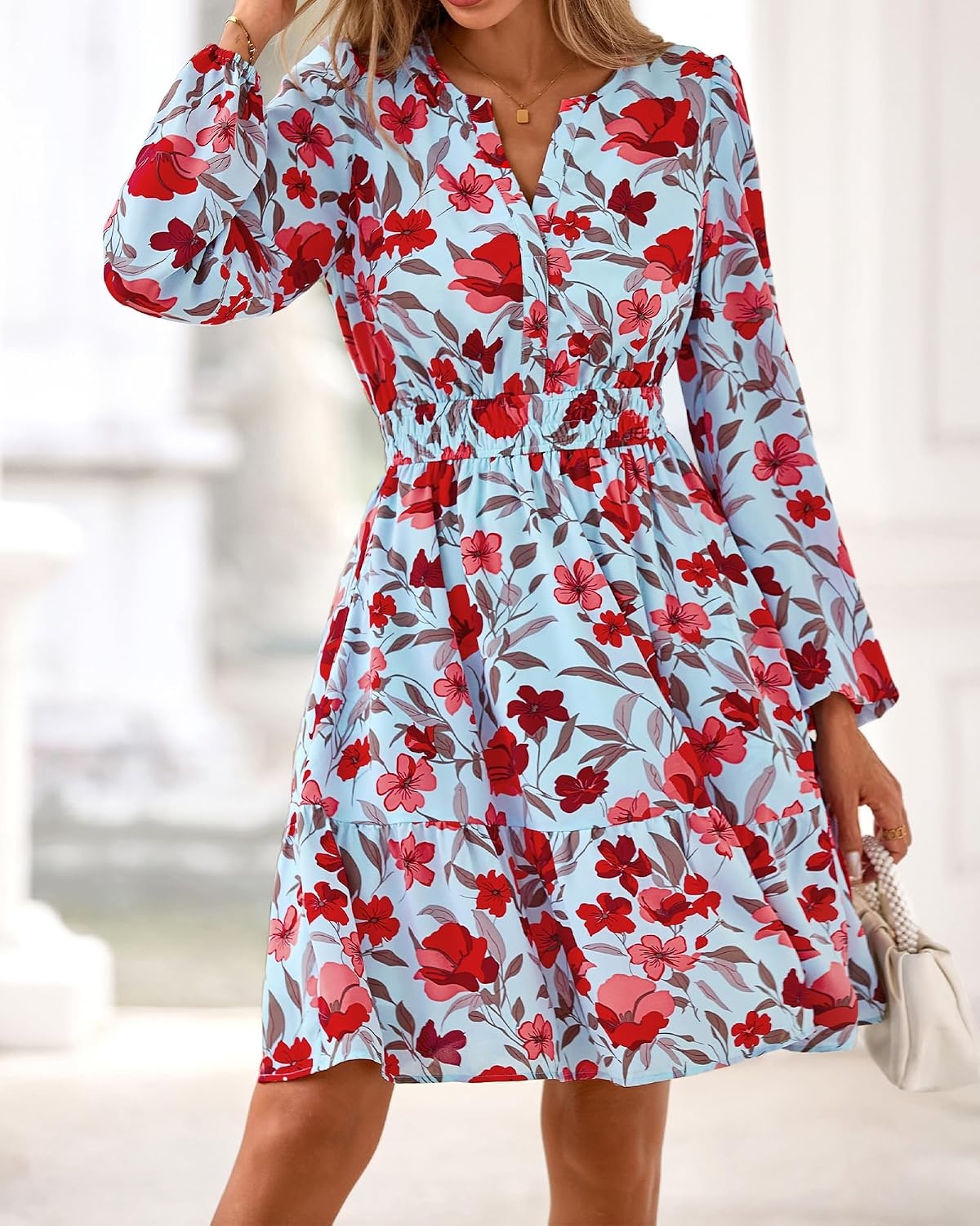 image:imageBTFBM Fall Dresses for Women 2026 Trendy Floral Long Sleeve Mini DressBlue Red Flower