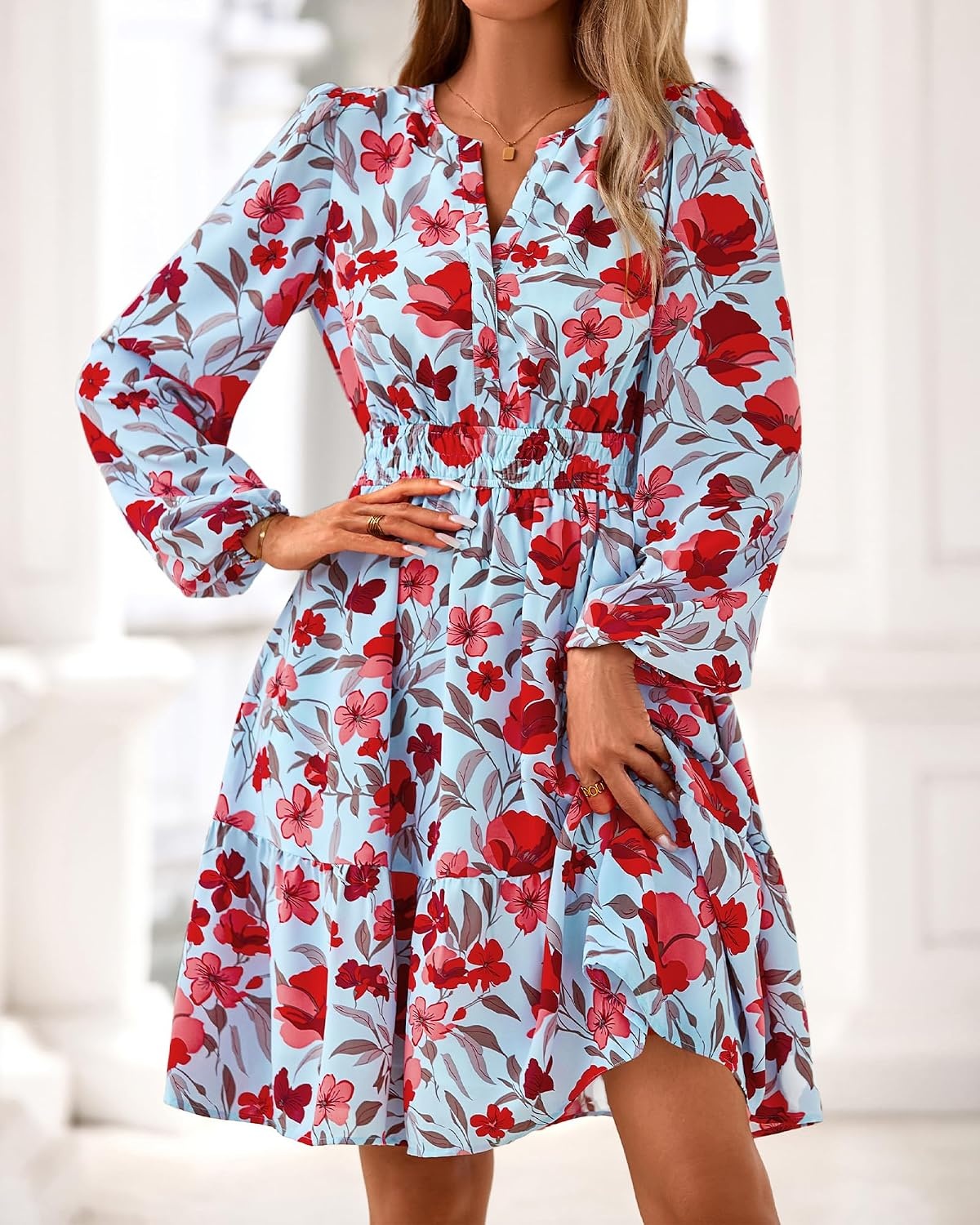image:imageBTFBM Fall Dresses for Women 2026 Trendy Floral Long Sleeve Mini DressBlue Red Flower