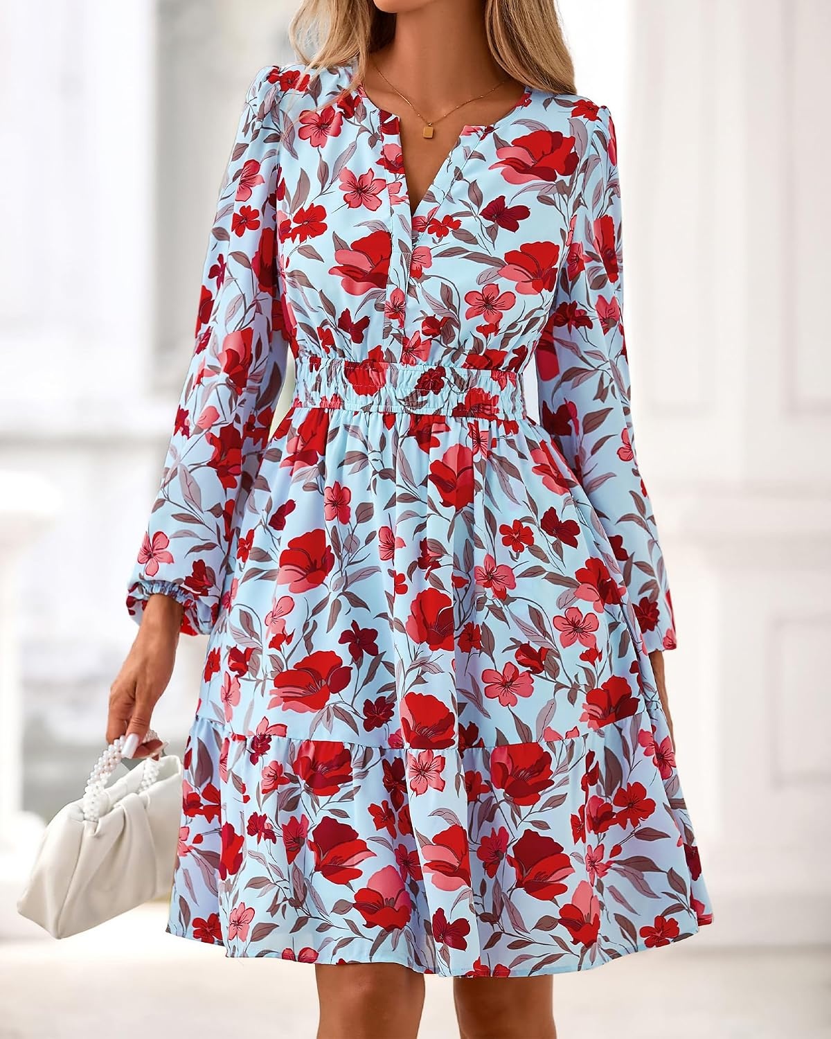 image:imageBTFBM Fall Dresses for Women 2026 Trendy Floral Long Sleeve Mini DressBlue Red Flower