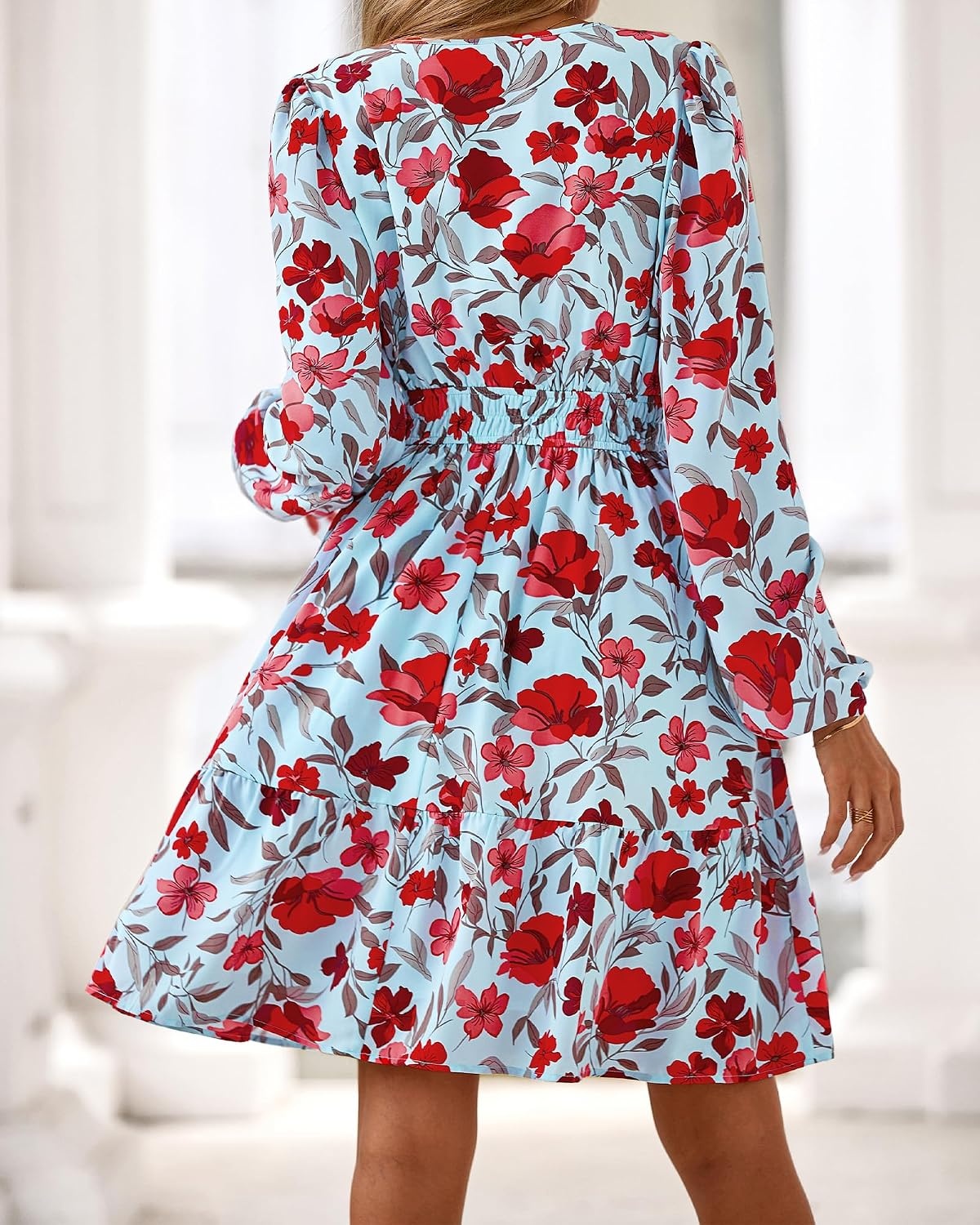 image:imageBTFBM Fall Dresses for Women 2026 Trendy Floral Long Sleeve Mini DressBlue Red Flower