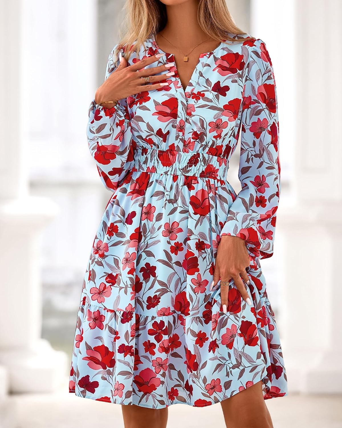 image:imageBTFBM Fall Dresses for Women 2026 Trendy Floral Long Sleeve Mini DressBlue Red Flower
