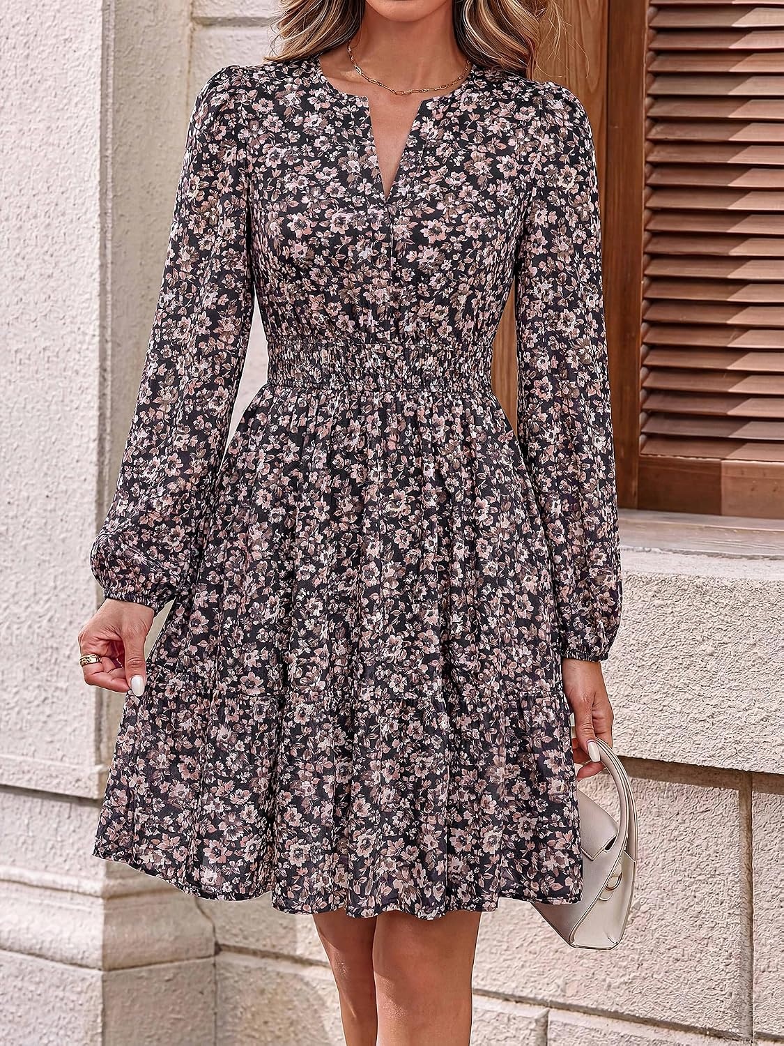 image:imageBTFBM Fall Dresses for Women 2026 Trendy Floral Long Sleeve Mini DressBrown Flower