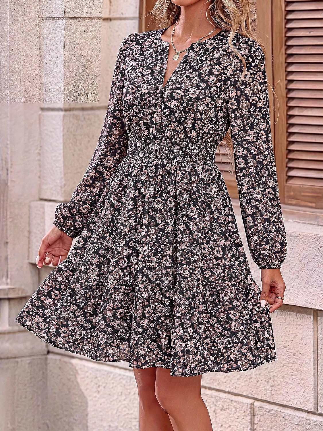 image:imageBTFBM Fall Dresses for Women 2026 Trendy Floral Long Sleeve Mini DressBrown Flower