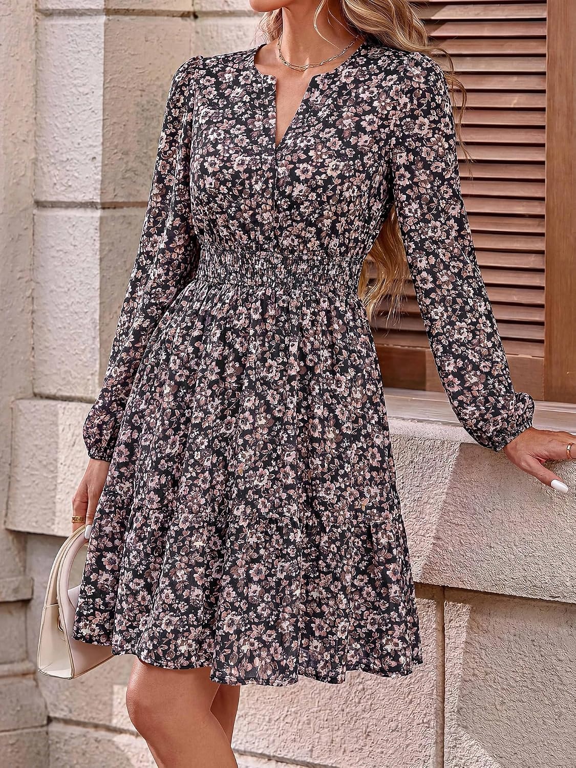image:imageBTFBM Fall Dresses for Women 2026 Trendy Floral Long Sleeve Mini DressBrown Flower