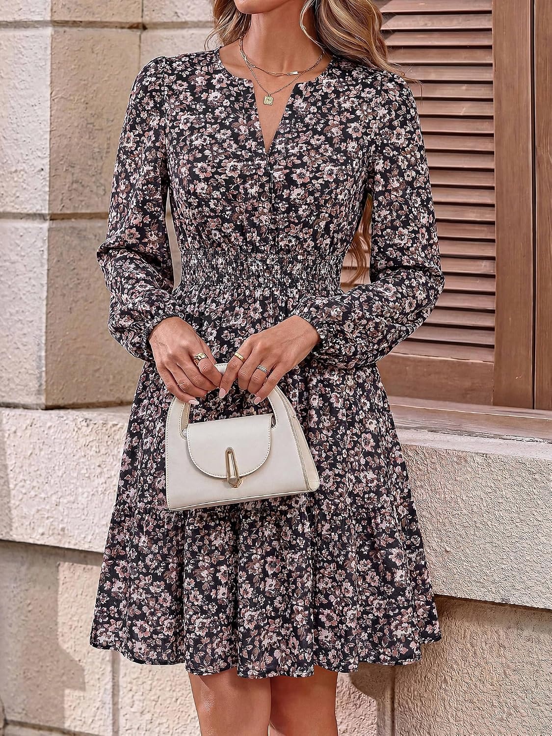 image:imageBTFBM Fall Dresses for Women 2026 Trendy Floral Long Sleeve Mini DressBrown Flower