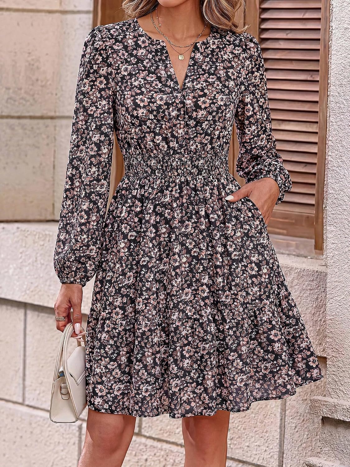 image:imageBTFBM Fall Dresses for Women 2026 Trendy Floral Long Sleeve Mini DressBrown Flower