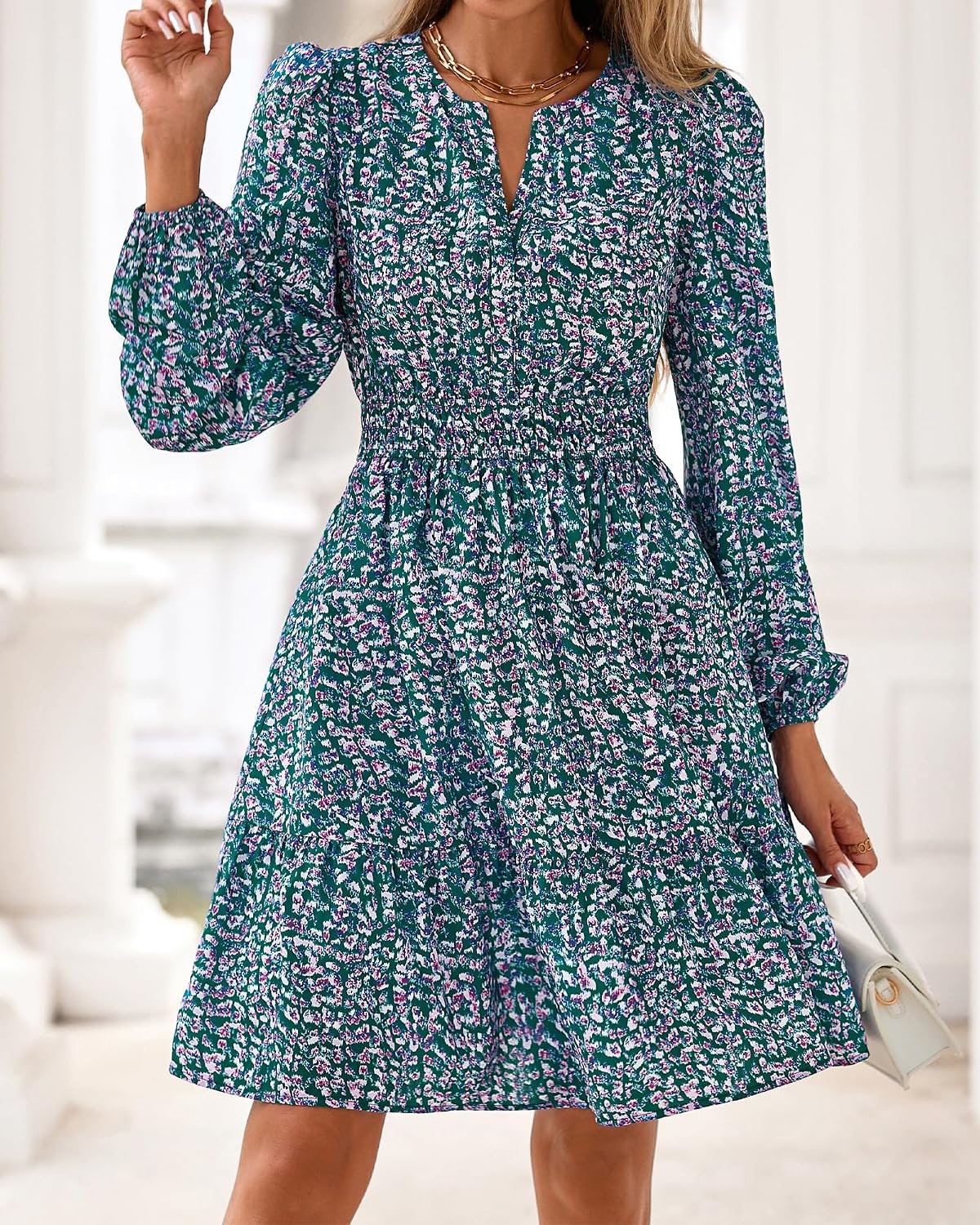 image:imageBTFBM Fall Dresses for Women 2026 Trendy Floral Long Sleeve Mini DressFloral Purple Green