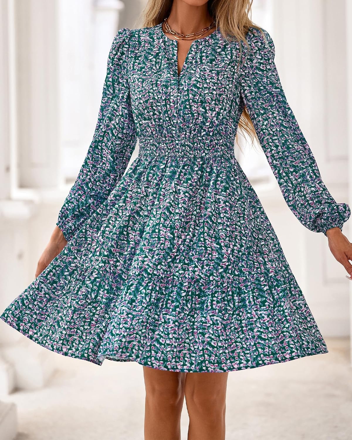 image:imageBTFBM Fall Dresses for Women 2026 Trendy Floral Long Sleeve Mini DressFloral Purple Green