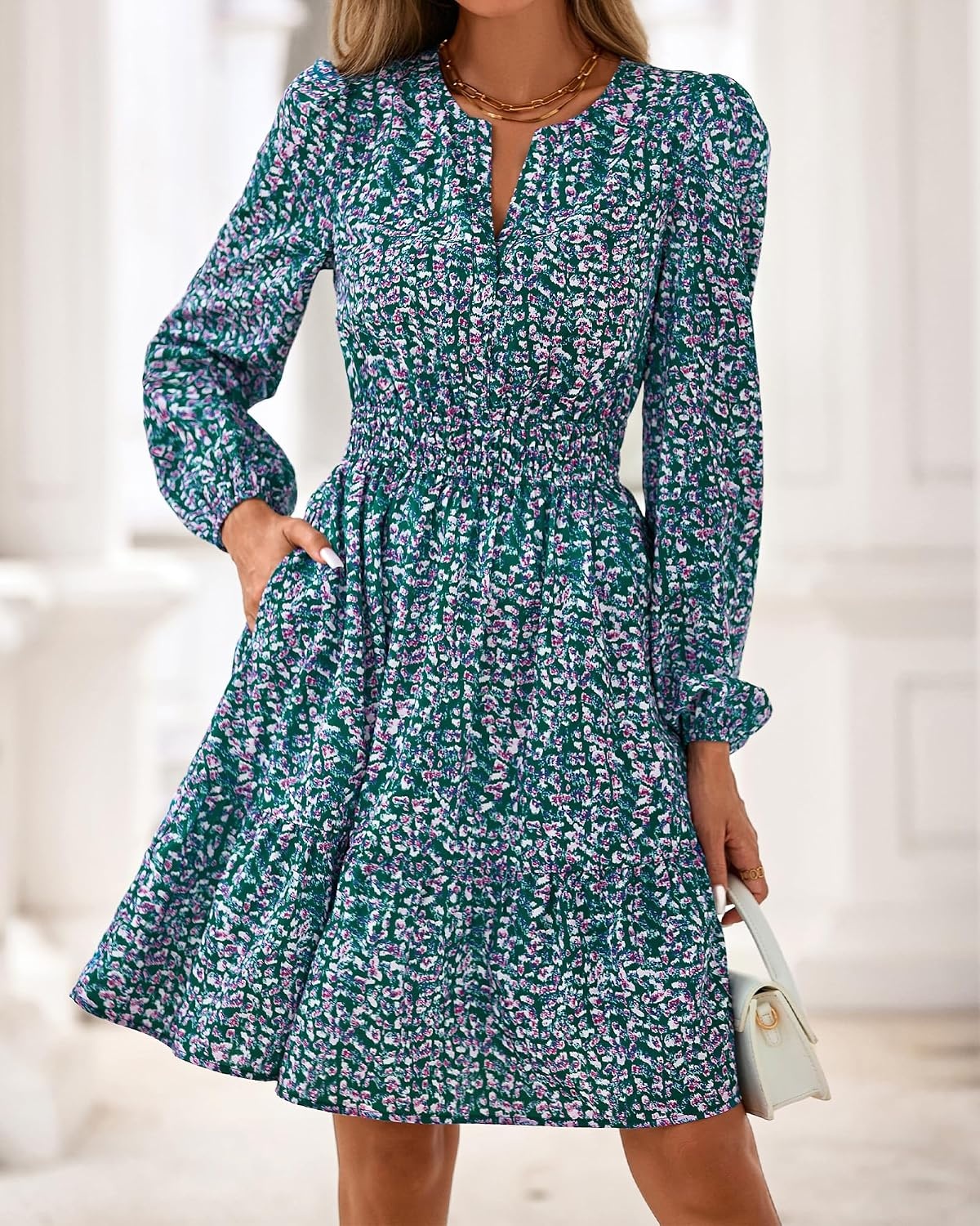 image:imageBTFBM Fall Dresses for Women 2026 Trendy Floral Long Sleeve Mini DressFloral Purple Green