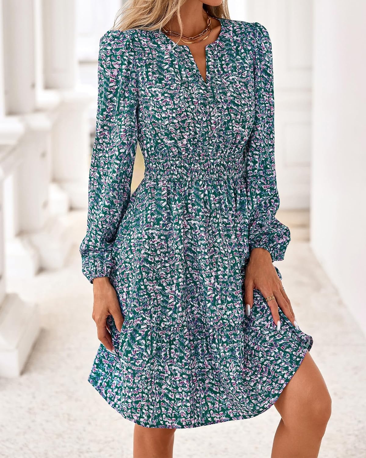 image:imageBTFBM Fall Dresses for Women 2026 Trendy Floral Long Sleeve Mini DressFloral Purple Green