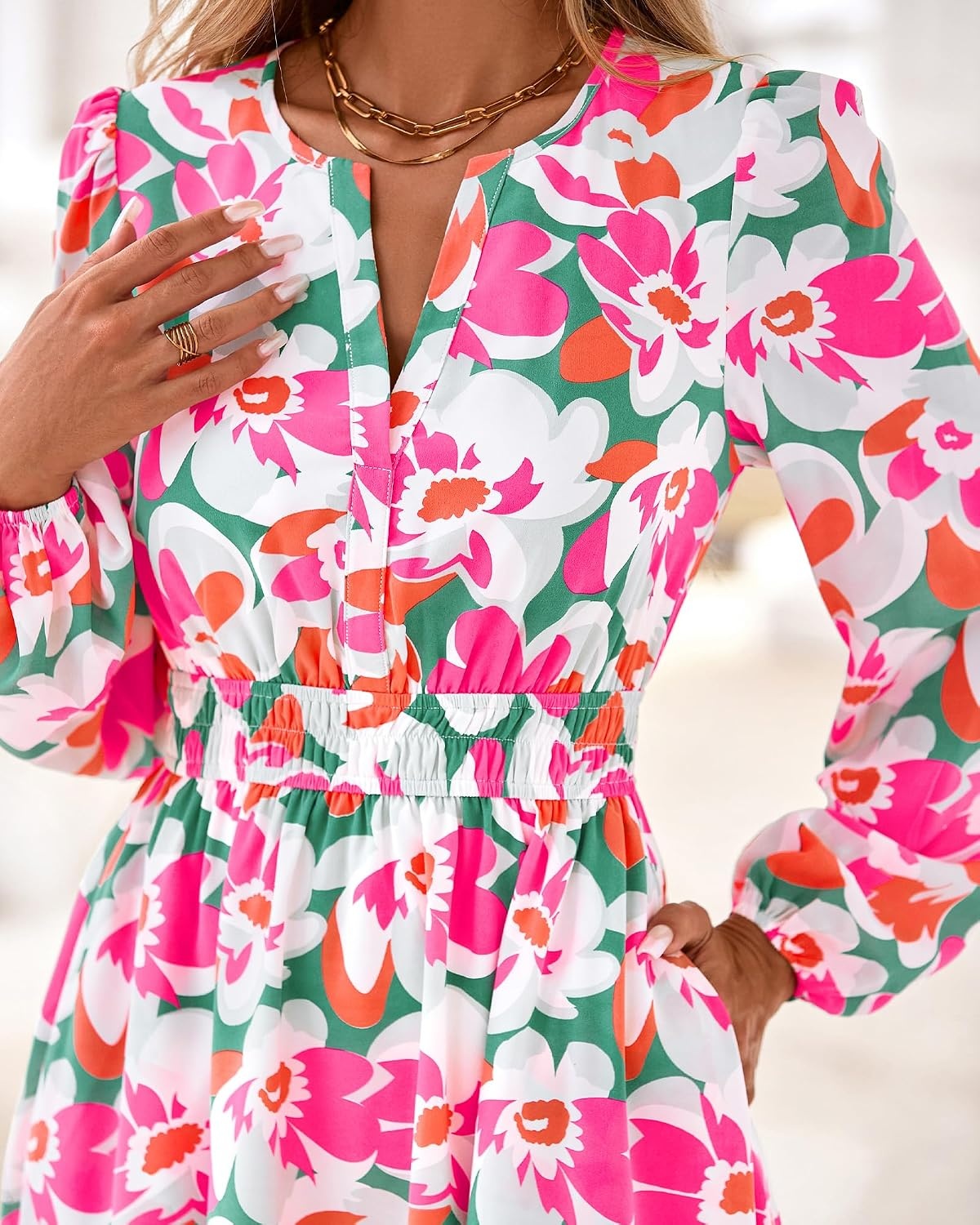 image:imageBTFBM Fall Dresses for Women 2026 Trendy Floral Long Sleeve Mini DressGreen Pink Flower
