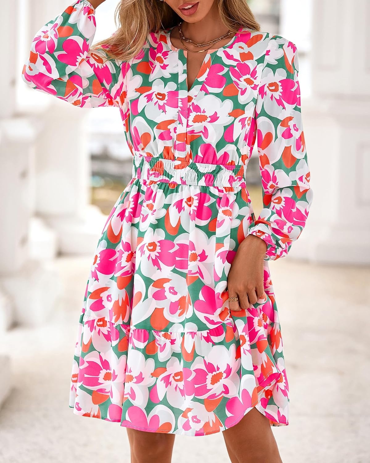 image:imageBTFBM Fall Dresses for Women 2026 Trendy Floral Long Sleeve Mini DressGreen Pink Flower