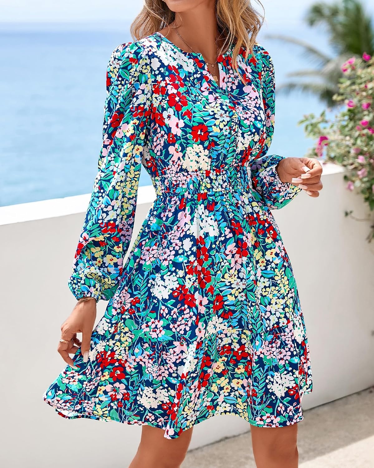 image:imageBTFBM Fall Dresses for Women 2026 Trendy Floral Long Sleeve Mini DressMulti Blue