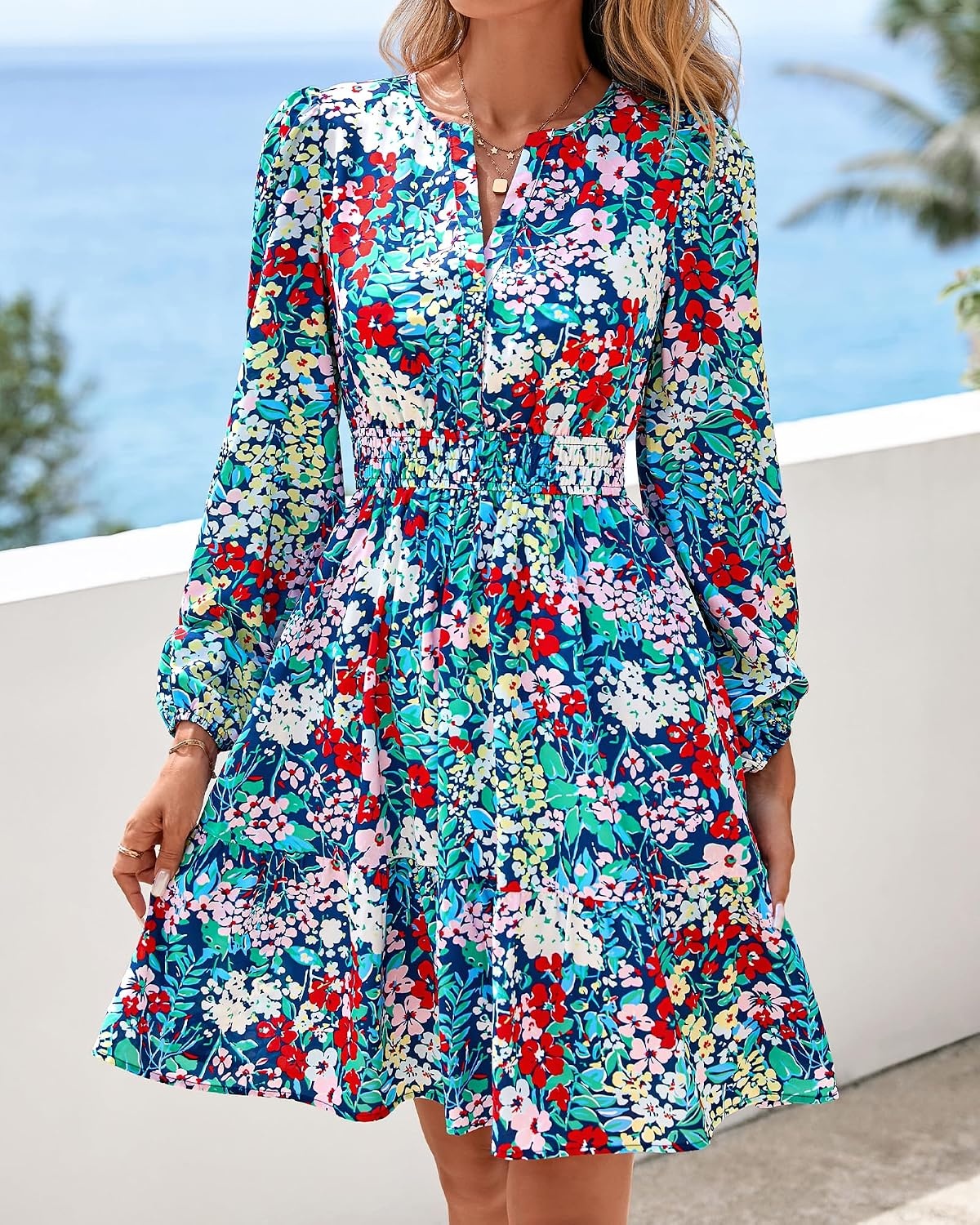 image:imageBTFBM Fall Dresses for Women 2026 Trendy Floral Long Sleeve Mini DressMulti Blue