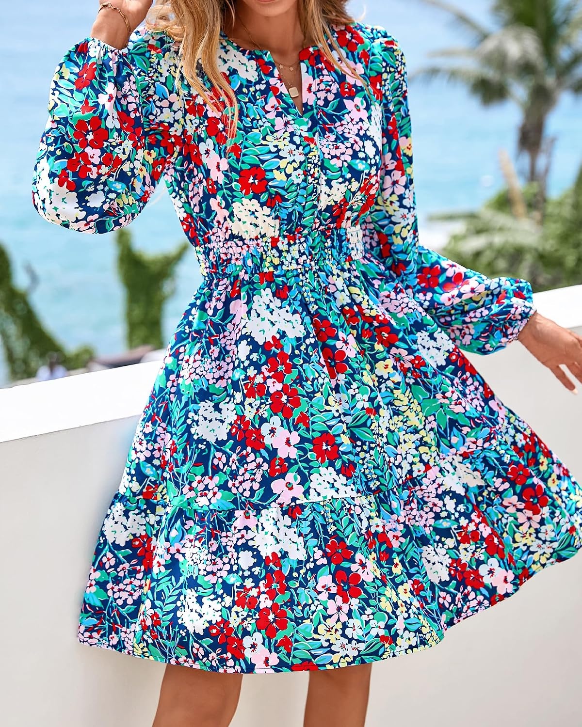 image:imageBTFBM Fall Dresses for Women 2026 Trendy Floral Long Sleeve Mini DressMulti Blue
