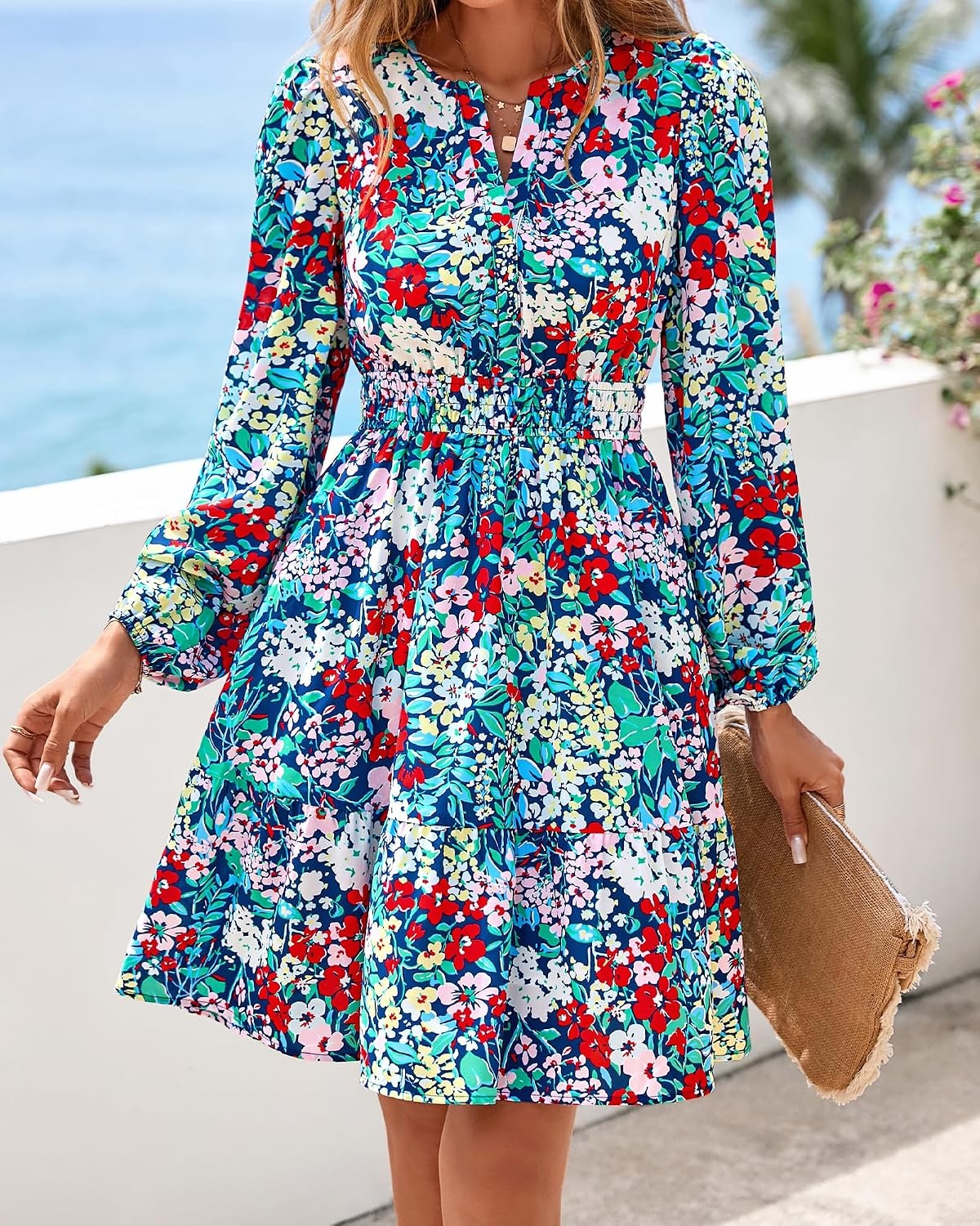 image:imageBTFBM Fall Dresses for Women 2026 Trendy Floral Long Sleeve Mini DressMulti Blue